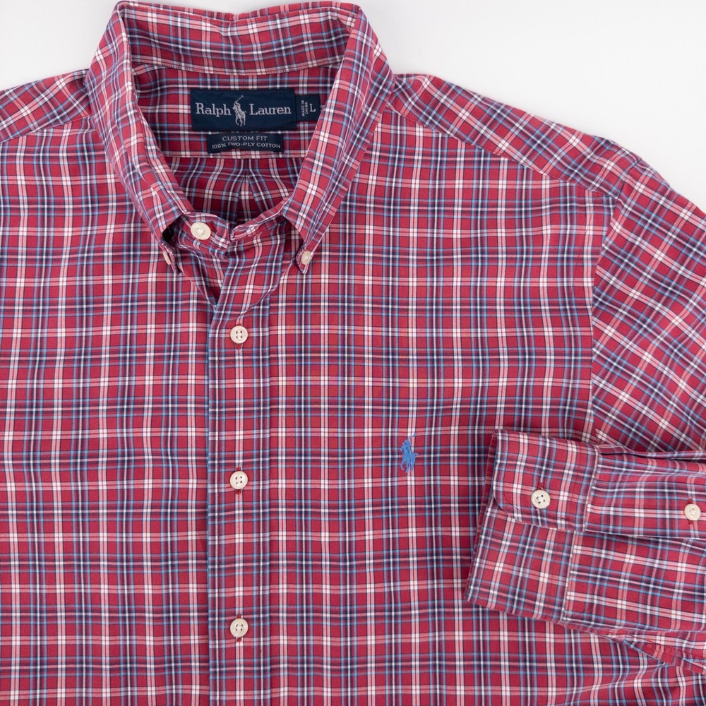 Polo Ralph Lauren Mens L Button Down Shirt Red Plaid Custom Fit Preppy Vintage‎